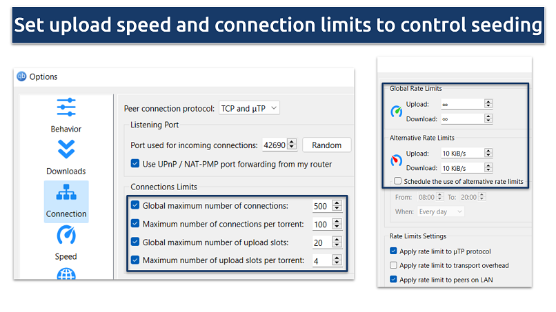 Screenshot showing qBittorrent seeding speed settings