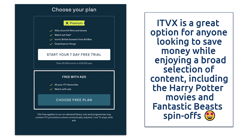 Screenshot of choosing the ITVX plan