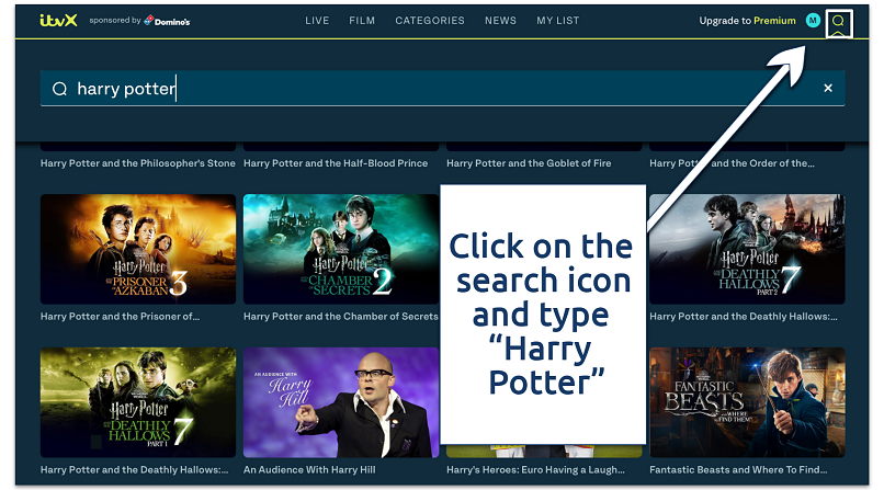 Screenshot of looking up the Harry Potter movies on ITVX