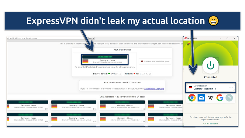 A screenshot showing ExpressVPN successfully passing an IP leak test