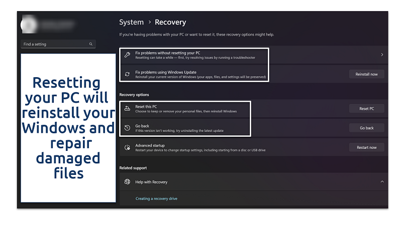 Screenshot showing Windows recovery options