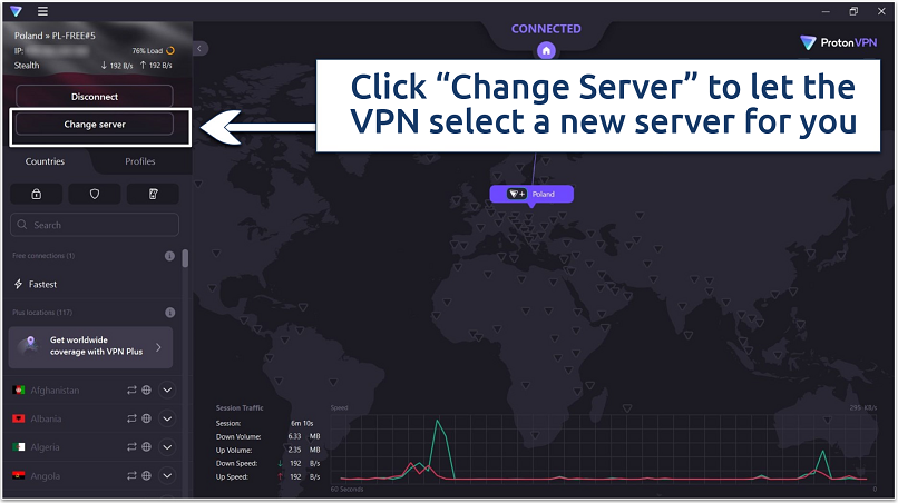 A screenshot of ProtonVPN's main interface on Windows highlighting the 'Change Server' feature available to free users.