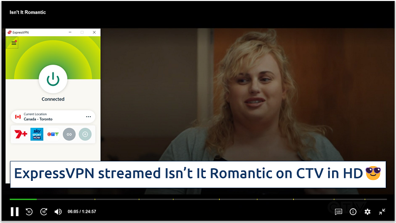 A screenshot of CTV streaming Isn't It Romatic while connected to ExpressVPN's Canadian server