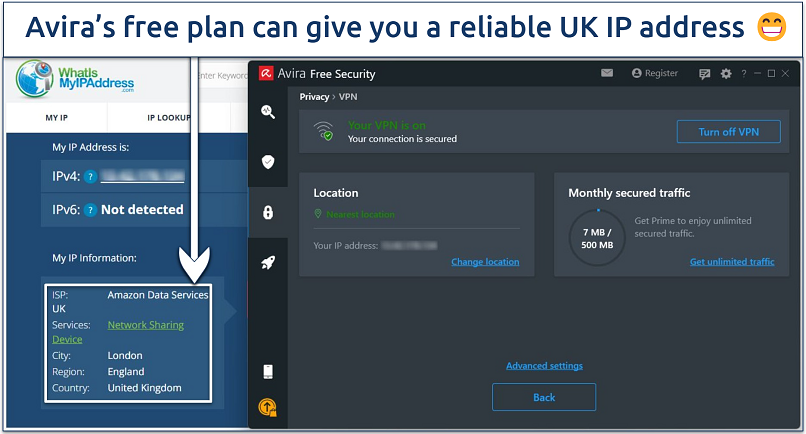 Screenshot showing Avira Phantom VPN connected to a UK server and showing a UK location on WhatIsMyIPAddress