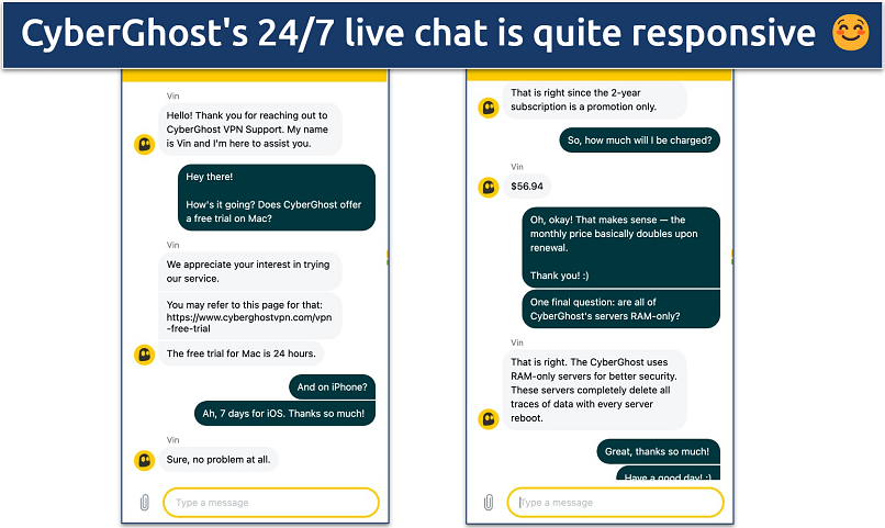 Screenshot of a chat with CyberGhost's customer support