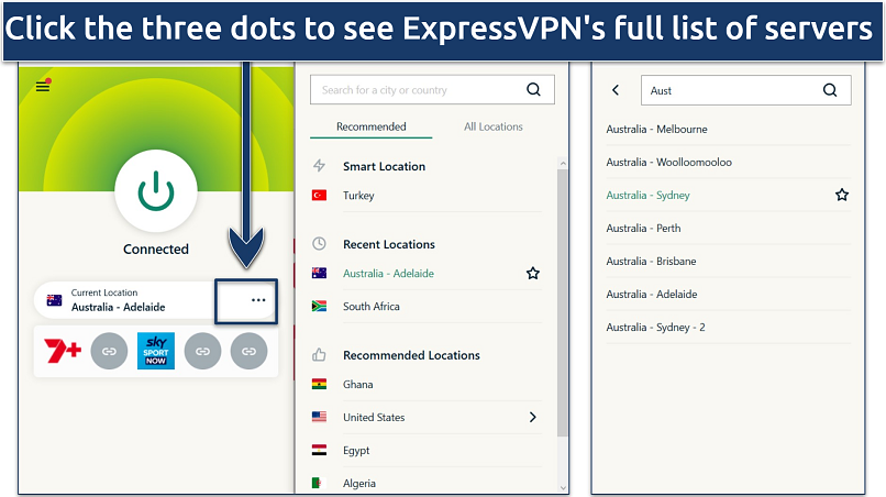 Screenshot showing how to explore ExpressVPN's various server locations, including those in Australia