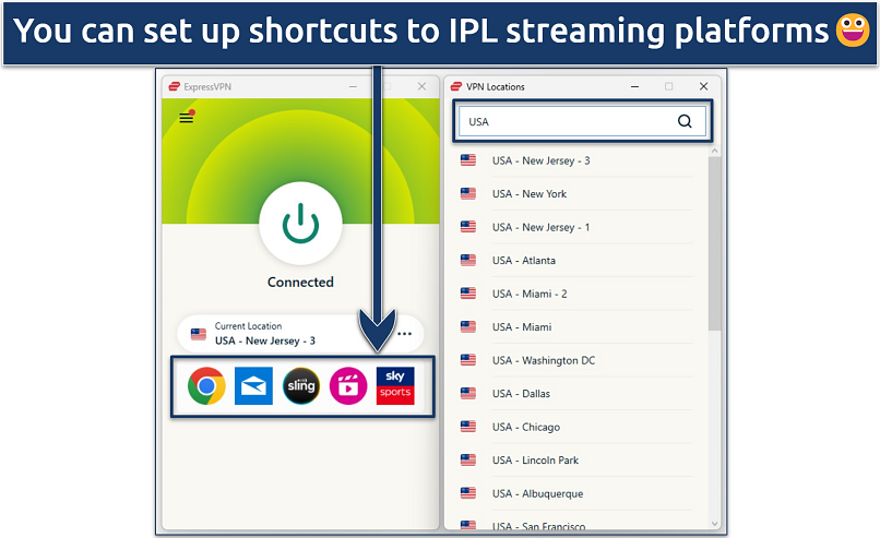 Screenshot of the ExpressVPN app showing some of its US servers and the in-app shortcuts