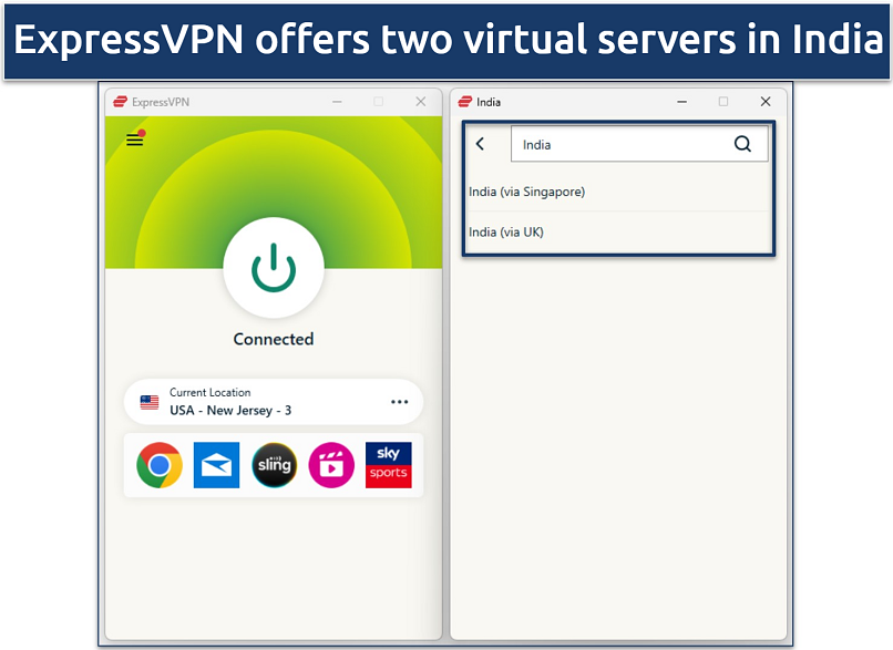 Screenshot of the ExpressVPN app showing its virtual servers in India