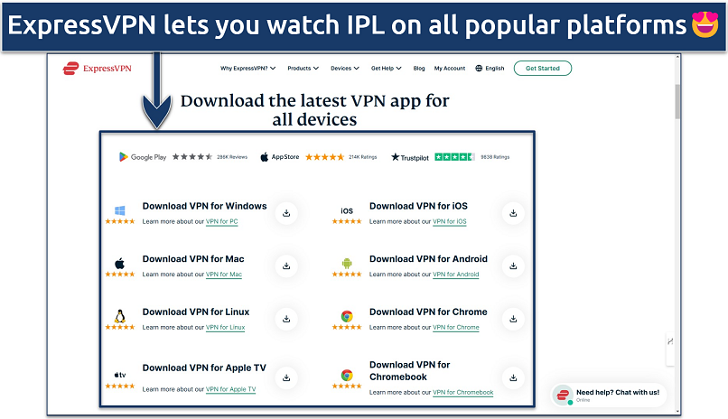 Screenshot of the ExpressVPN downloads page showing some of the devices and platforms it supports