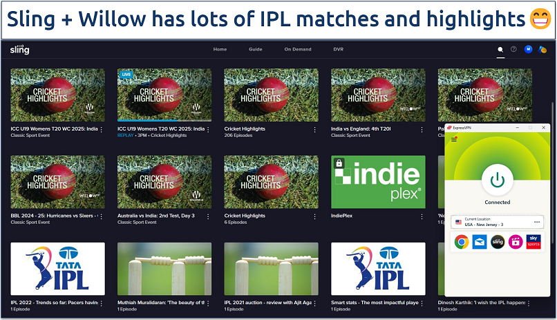 Screenshot of the Sling TV website showing some available cricket match replays and highlights