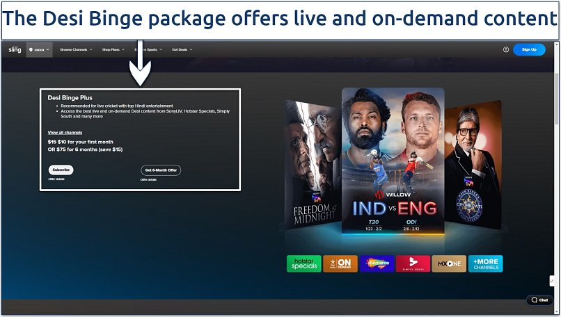 Screenshot of the Sling TV website showing the Desi Binge package option