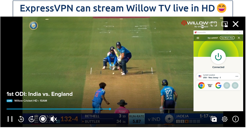 Screenshot of a cricket match playing on Sling TV + Willow with ExpressVPN connected to a New Jersey server