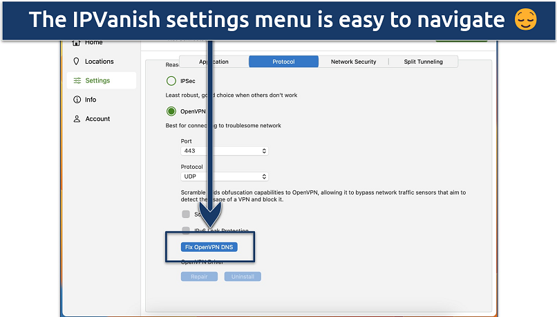 Screenshot of the OpenVPN settings in the IPVanish app