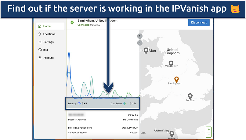 Screenshot of the server details in the IPVanish app