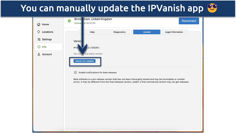 Screenshot of the IPVanish update settings