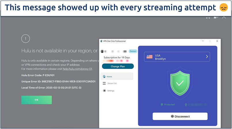 A screenshot showing that VPN One Click doesn't work with Hulu