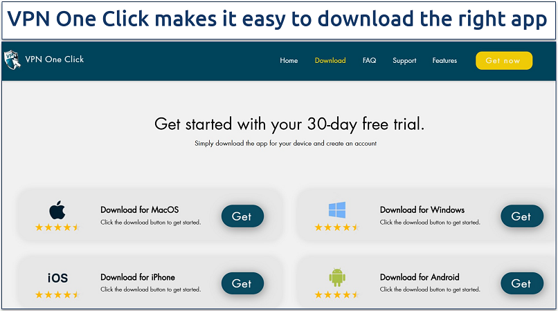 A screenshot showing VPN One Click's download page along with some of the device supported by the VPN