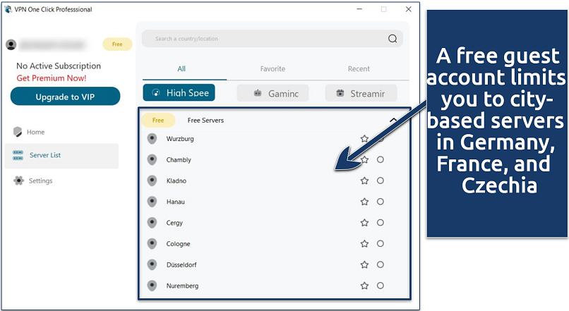 A screenshot showing VPN One Click's free servers