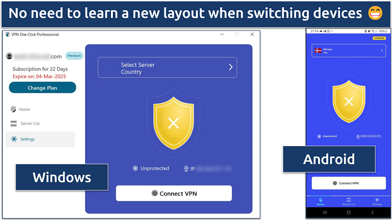 A screenshot of VPN One Click's home screen on the Windows and Android apps