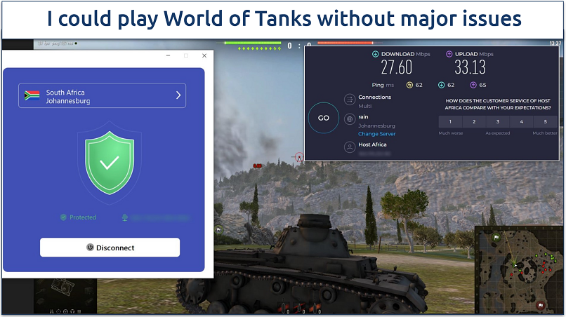 A screenshot showing gameplay of World of Tanks while connected to VPN One Click's nearby South African server