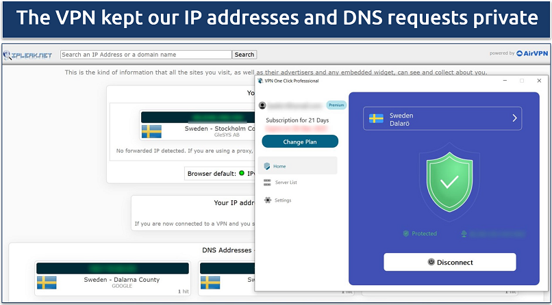 A screenshot showing VPN One Click passed DNS, IP leak, and WebRTC tests