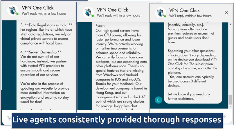 A screenshot showing VPN One Click offer comprehensive answers and support to inquiries made