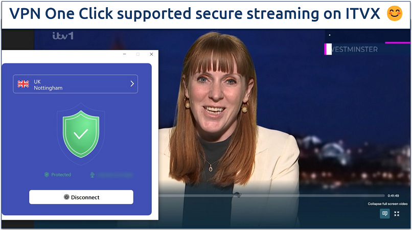 A screenshot of ITVX streaming a live program while connected to VPN One Click's UK server