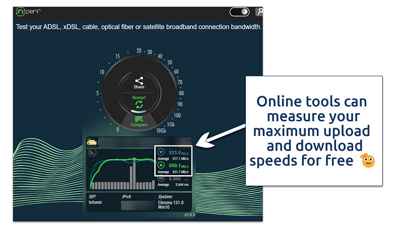 Screenshot showing nPerf speed and bandwidth tester