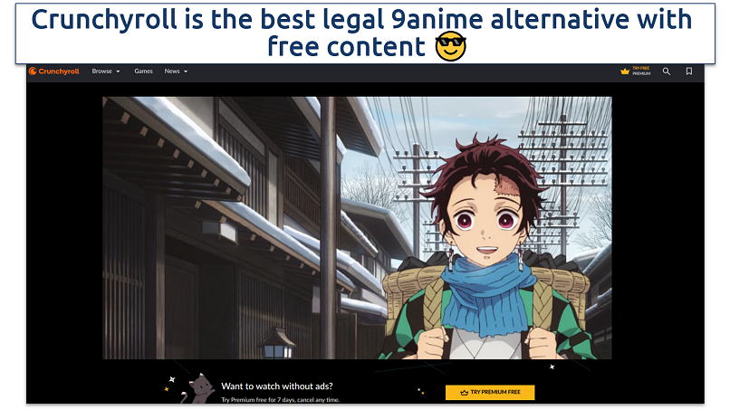 Screenshot showing Demon Slayer episode on Crunchyroll