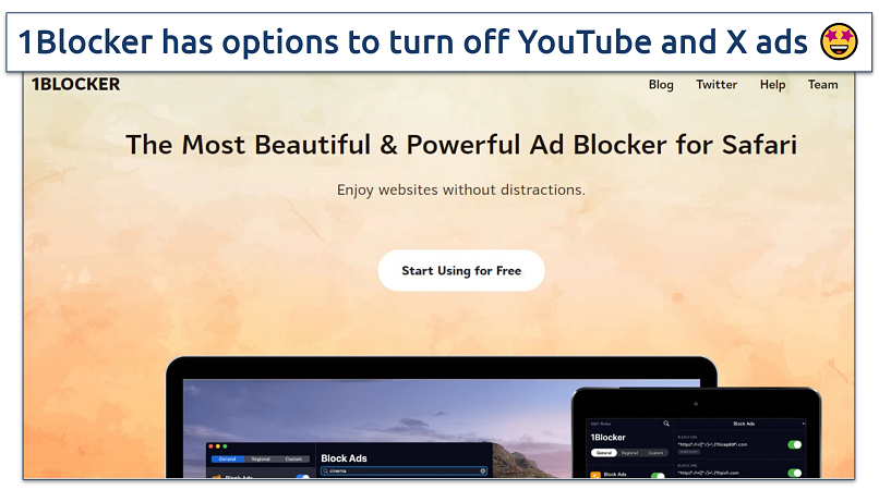 A screenshot of the 1Blocker homepage