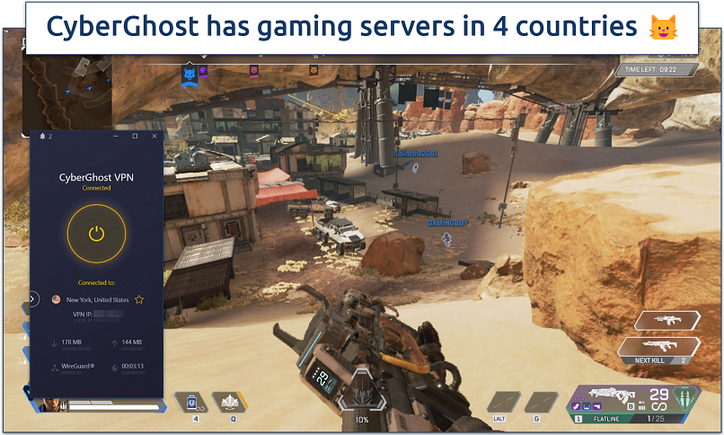 Screenshot of Apex gameplay with CyberGhost connected