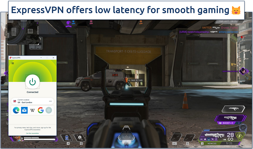 Screenshot of Apex Legends gameplay with ExpressVPN connected