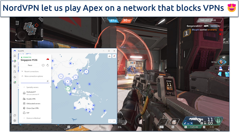 Screenshot of Apex Legends gameplay with NordVPN connected