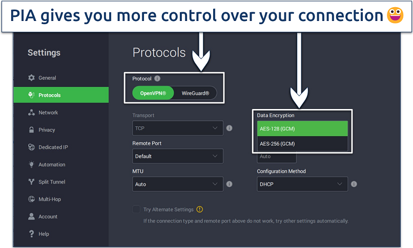 Screenshot showing PIA's customizable settings