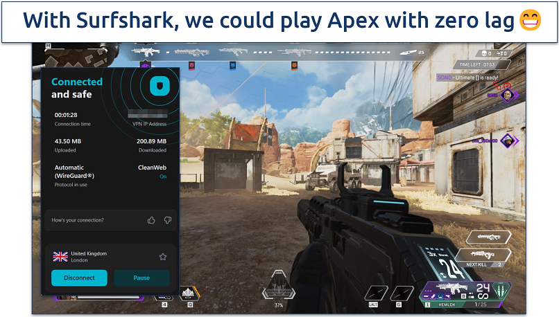 Screenshot of Apex gameplay with Surfshark connected