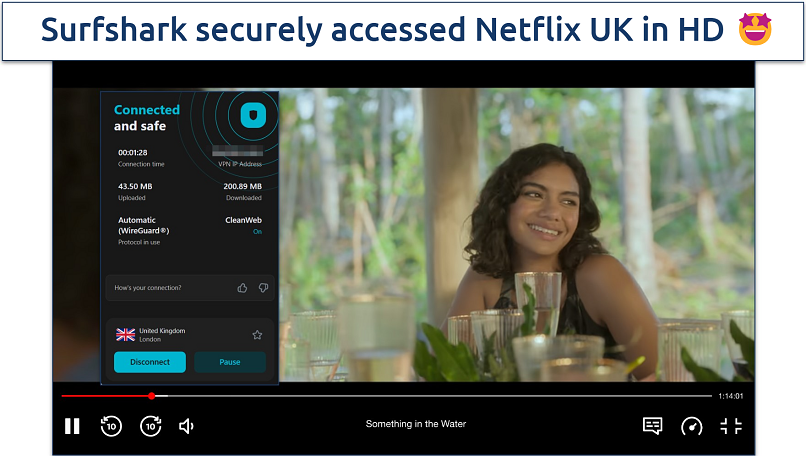 Screenshot of Something in the Water streaming on Netflix UK with Surfshark connected