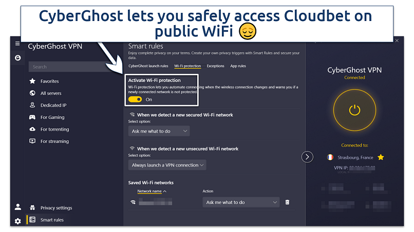 Screenshot showing CyberGhost WiFi protection settings