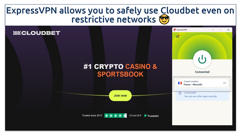 Screenshot showing ExpressVPN used on Cloudbet