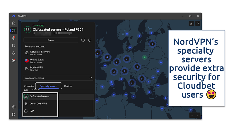 Screenshot showing NordVPN obfuscated and double VPN servers