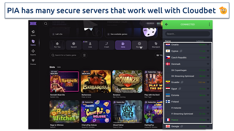 Screenshot showing Cloudbet site with PIA connected to France