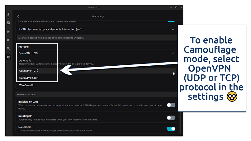 Picture showing Surfshark protocol VPN settings