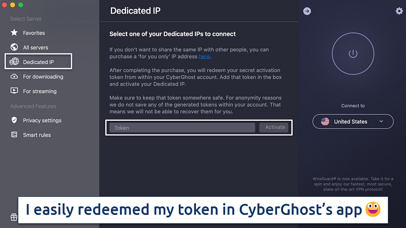 Screenshot showing the Dedicated IP tab on the CyberGhost app