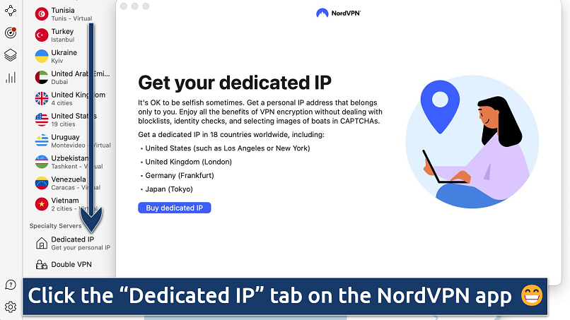 Screenshot showing the Dedicated IP tab on the NordVPN app