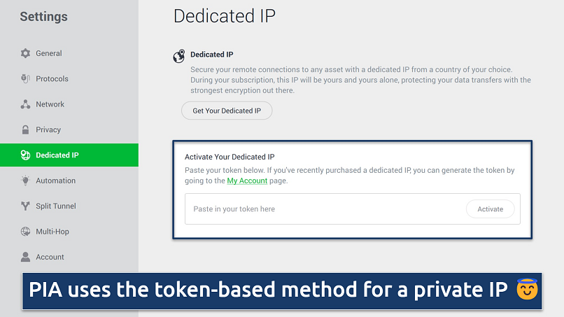 Screenshot showing the Dedicated IP tab on the PIA app