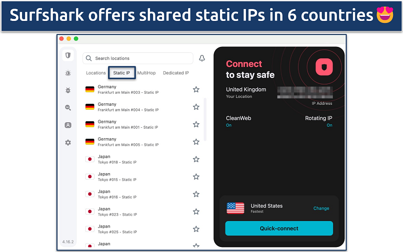 Screenshot showing the shared static IP tab on the Surfshark app