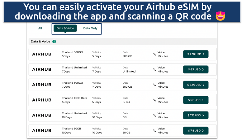 Screenshot of the Airhub eSIM plans for Thailand