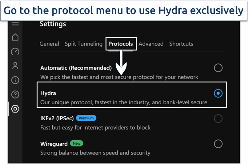 A screenshot of the Protocols menu in Hotspot Shield