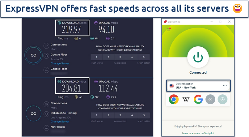 Screenshot of ExpressVPN's speed test results 