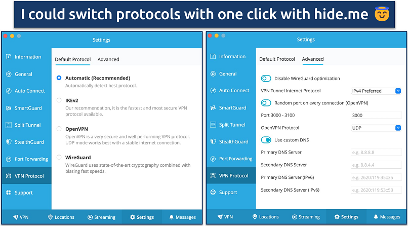 Screenshot of the protocol settings on the hide.me app 