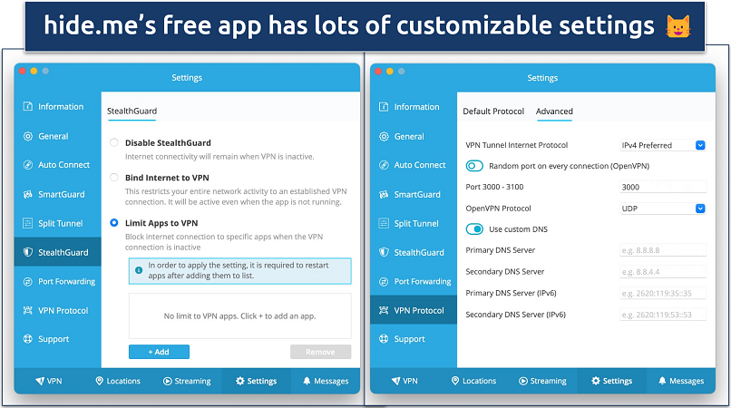 Screenshot of hide.me free VPN app's setting showing customizable settings